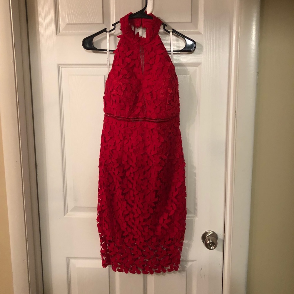 Bardot Halter Lace Illusion Cocktail Dress